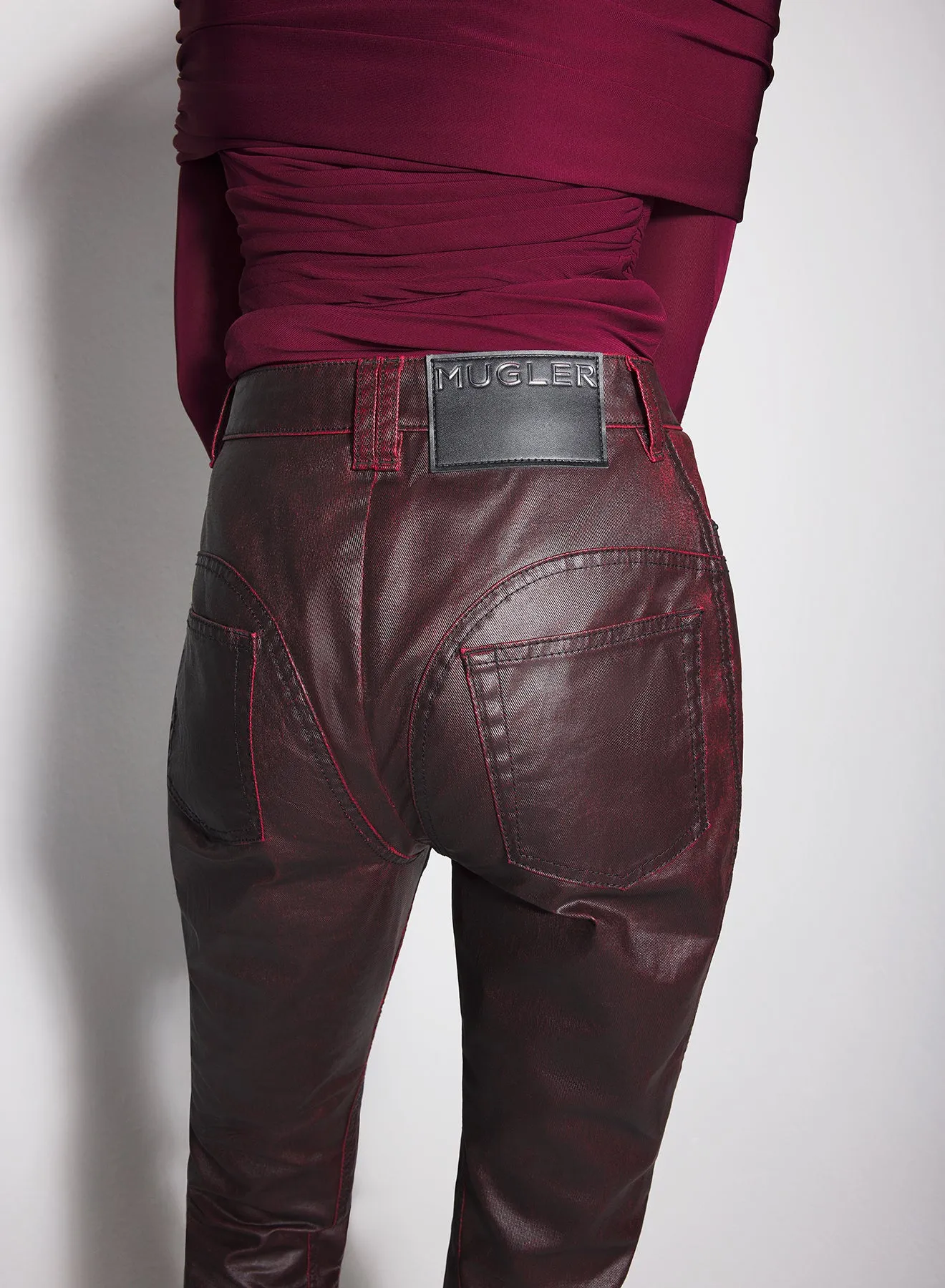 vampire red waxed denim pants