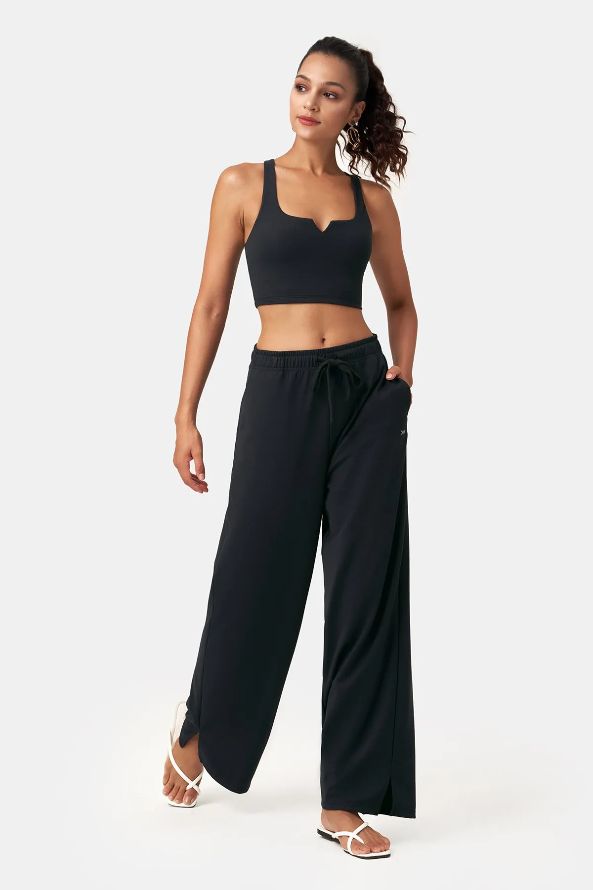 Waffle Texture Side-Slit Wide Leg Pants